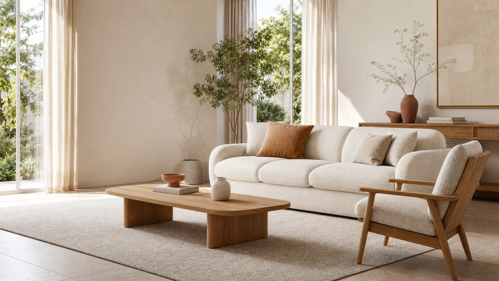 Warm modern living room with a cream sofa and oak furniture
